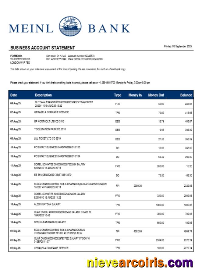 Meinl Bank company checking account statement